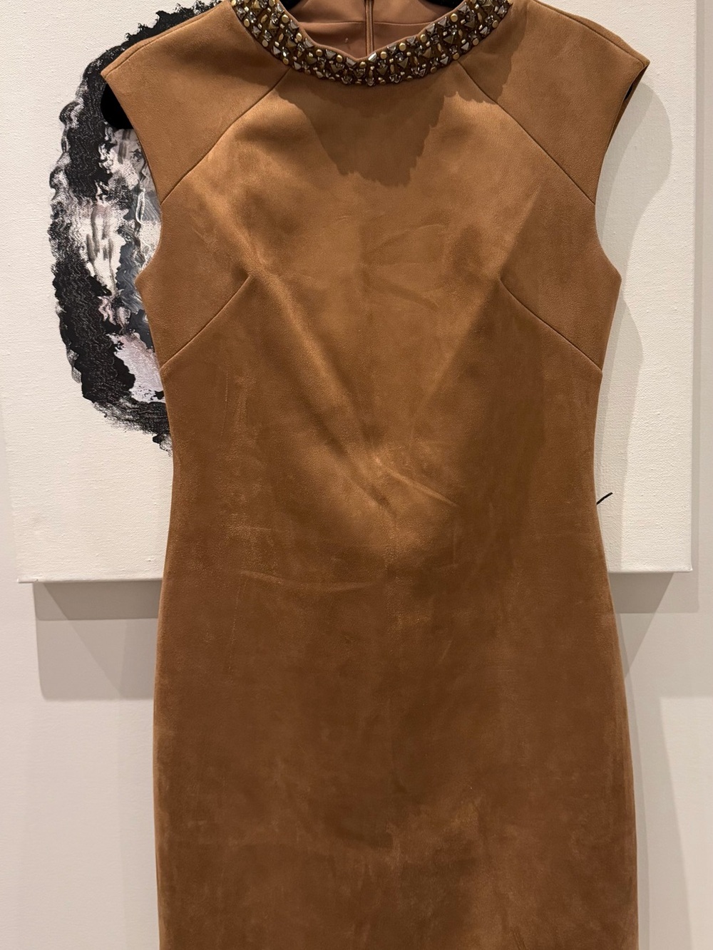 Vince Camuto Jewel-Neck Suede Mini Dress in Chestnut